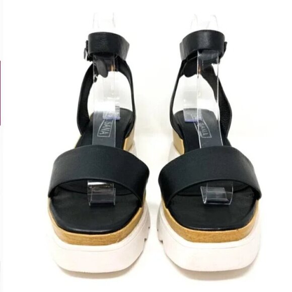 Sol Sana Black Leather Platform Wedge Ankle Strap Sandals - Size 7.5 EUR 38 - Picture 5 of 9